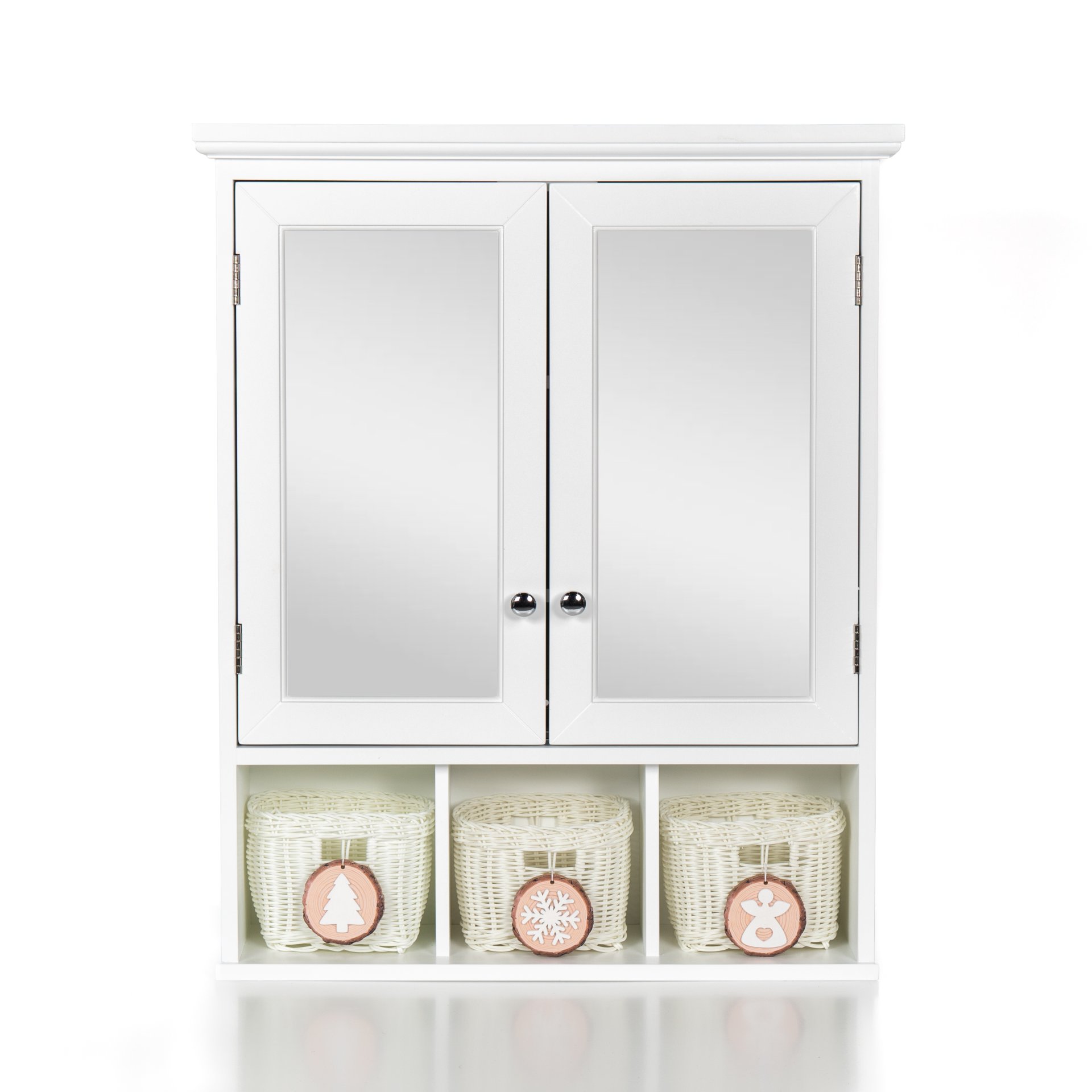 Bathroom Storage Cabinet, Medicine Cabinets For Bathroom With Mirror, 2 Doors 2 Adjustable Shelf & 3 Christmas Style Storage Basket - White - Image 7