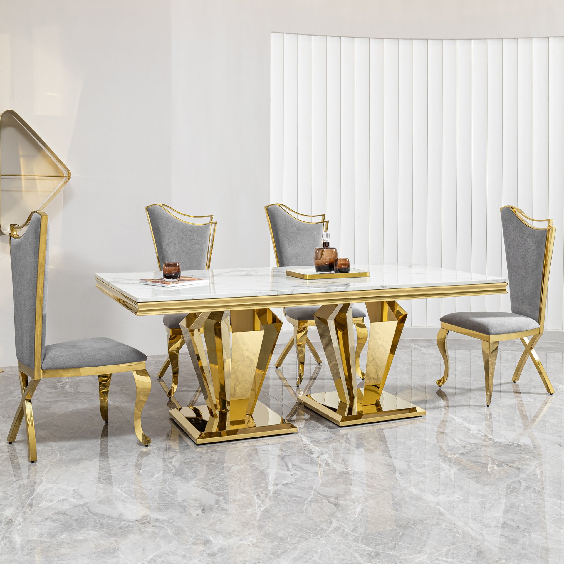 79.53 In. Elegant Marble Pattern Dining Table For 6 Or 8 Seats Polished Stainless Steel Base - Gold - Image 8