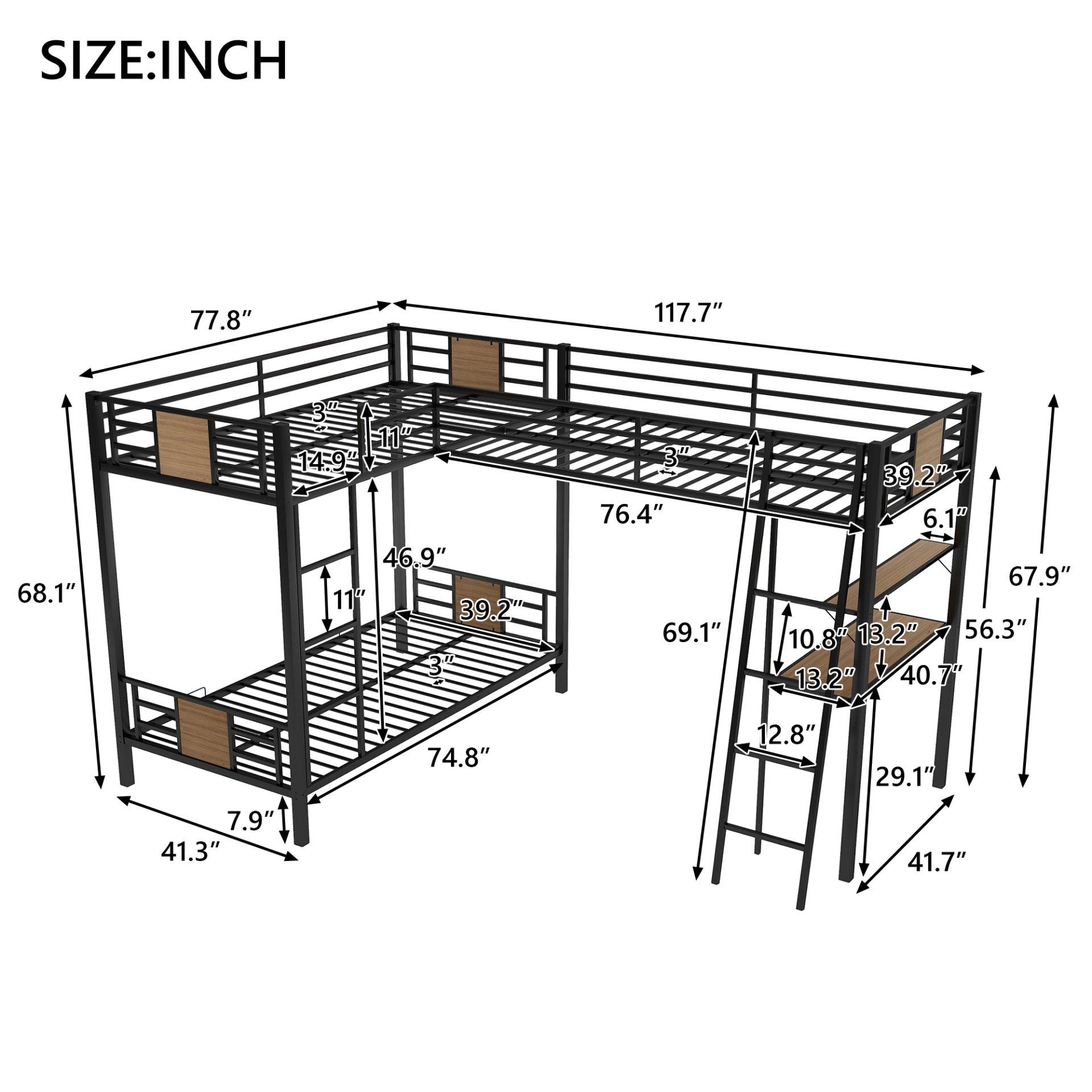 L-Shaped Twin Over Twin Bunk Bed With Twin Size Loft Bed With Desk And Shelf - Brown - Image 3
