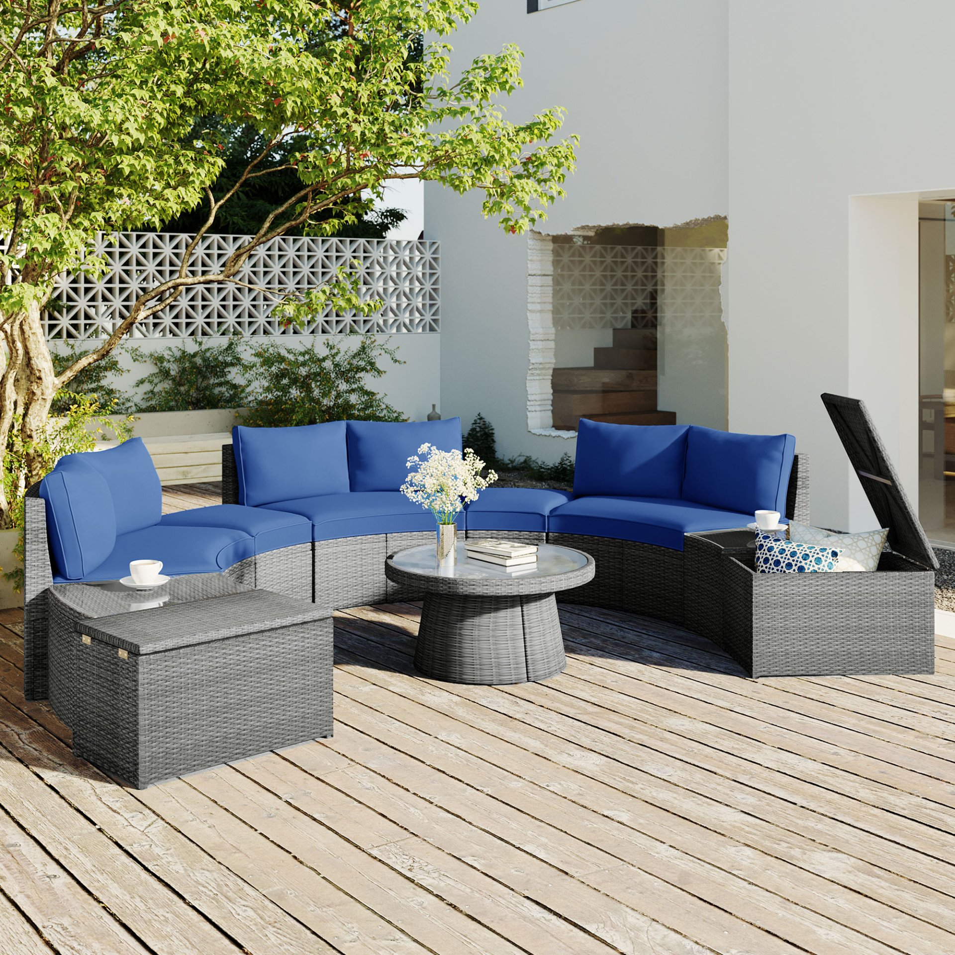 10 Piece Outdoor Sectional Half Round Patio Rattan Sofa Set, Wicker Conversation Furniture Set For Free Combination - Blue - Image 3