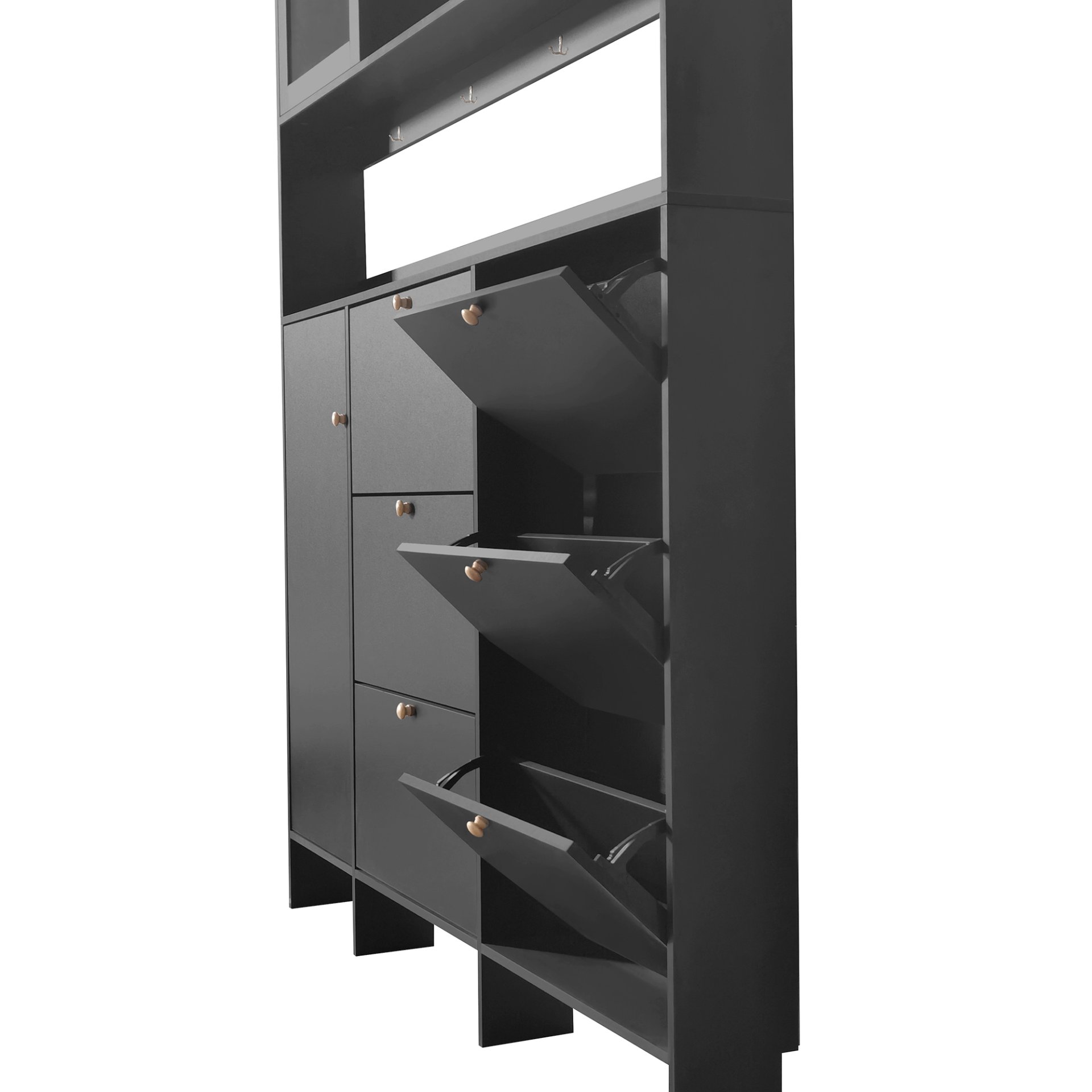 Multifunctional Tipping Bucket Shoe Cabinet With Storage Shelf & 6 Flip Drawers, Large Hall Tree With Tempered Glass Doors, Foyer Cabinet With 4 Hooks For Hallway - Black - Image 16