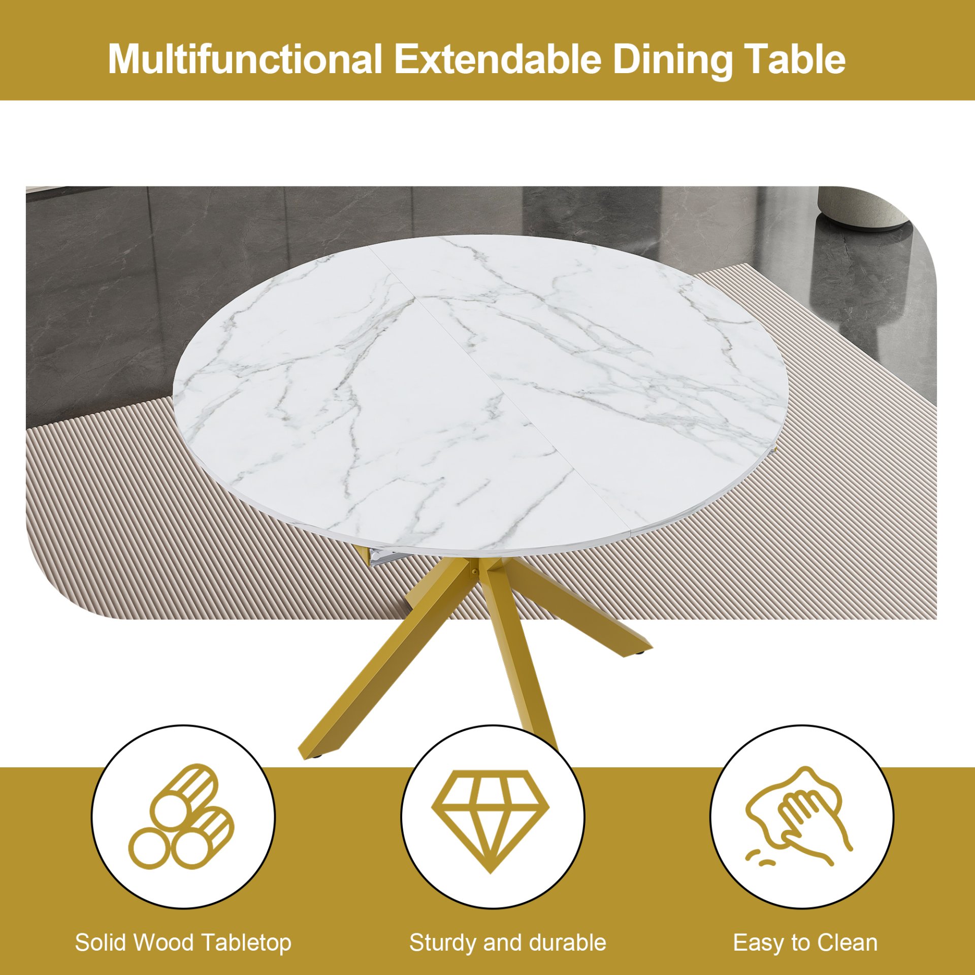 Round Dining Table With Extendable Blades, X Base, Fits 4 - 6 People - White - Image 8