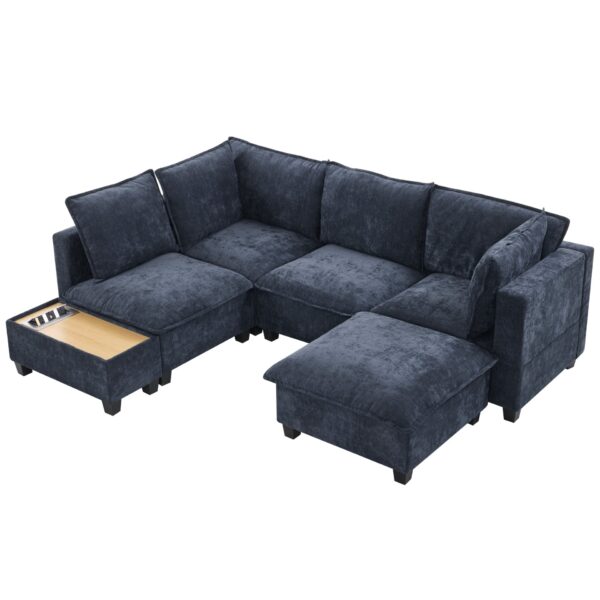 U - Shaped Sectional Sofa Modular Sofa Couch With A Movable Ottoman, A Coffee Table With Hidden Charging Devices For Living Room - Blue