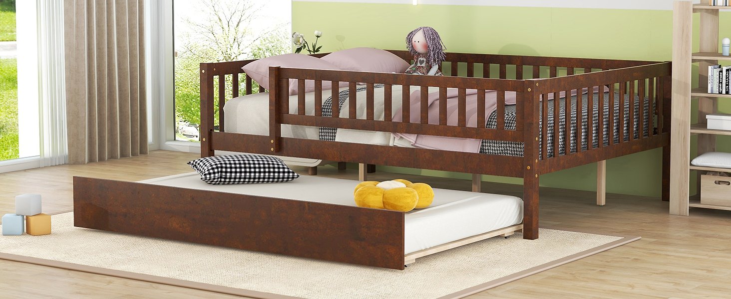 Full Size Daybed With Trundle And Fence Guardrails - Walnut - Image 17