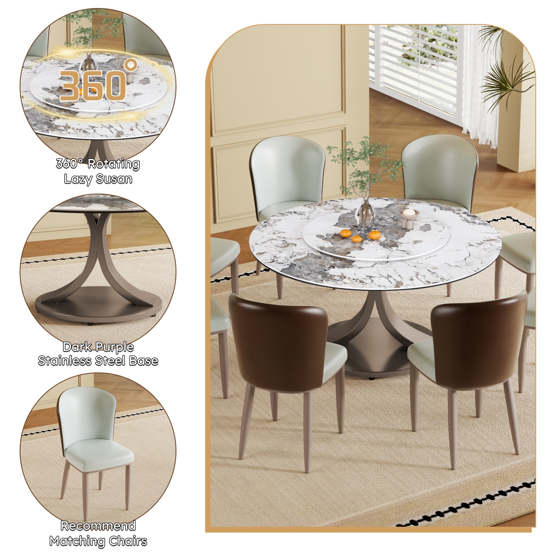Round Dining Table With 360° Rotating Lazy Susan Top For Dining Room & Kitchen, 8 Chairs - White - Image 5