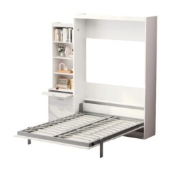 Morden Deisgn Full Size Vertical Murphy Bed With Shelf And Drawers For Bedroom Or Guestroom Wall Bed Space Saving Hidden Bed With New Style Gas Struts - White