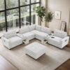 Sectional With Acrylic Table Top U Shaped Couch Set With 2 Consoles USB Charger, Storage Drawers And Pockets Movable Ottoman Tufted Sofa - Light Gray - Image 15