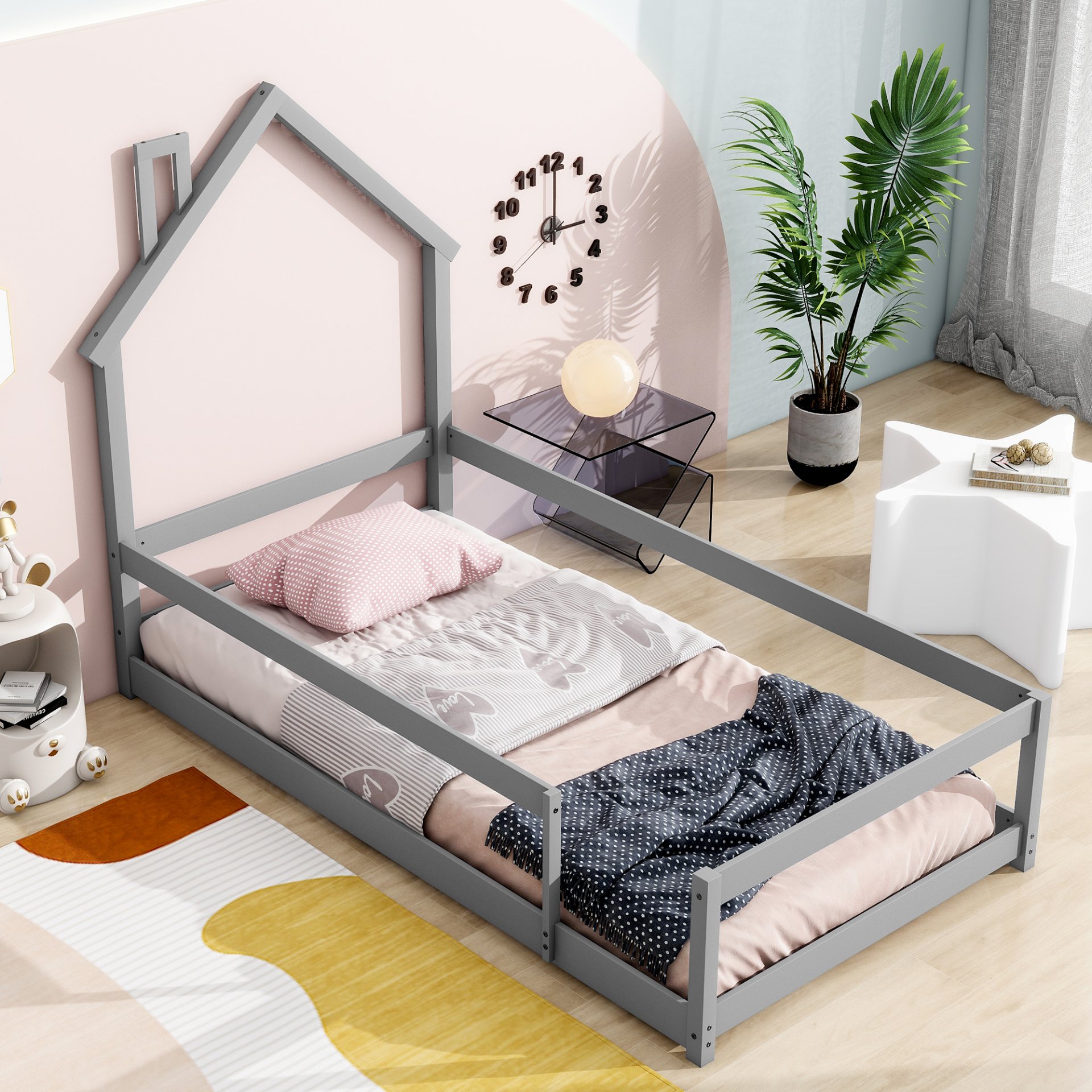 Twin Size Wood Bed With House-Shaped Headboard Floor Bed With Fences - Gray - Image 3