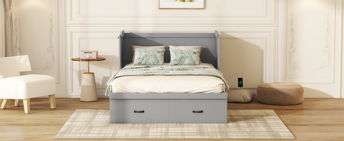 Full Size Murphy Bed With USB Port And A Large Drawer - Gray - Image 19