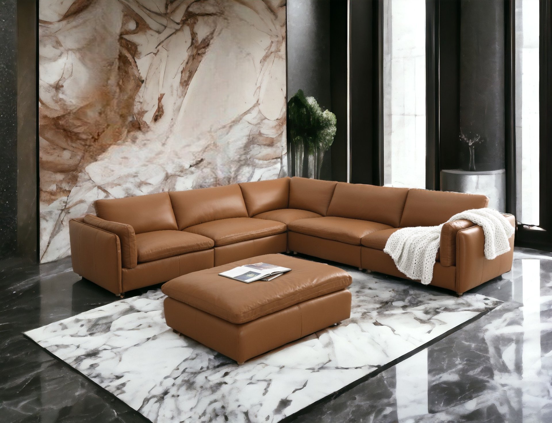 Brighton - Top Grain Leather 6 Pieces Modular Sectional With 1 Ottoman - Brown - Image 2