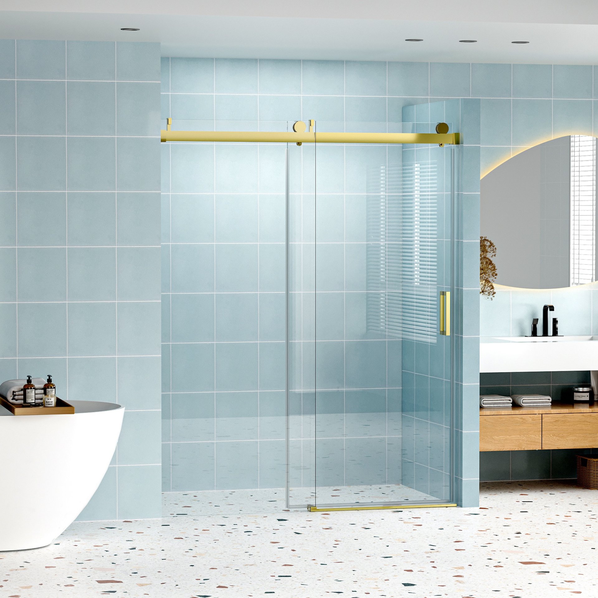 Frameless Soft Closing Single Sliding Shower Door, 1 / 4" (6Mm) Tempered Glass With Explosion Proof Coating Via Express Delivery - Gold - Image 9
