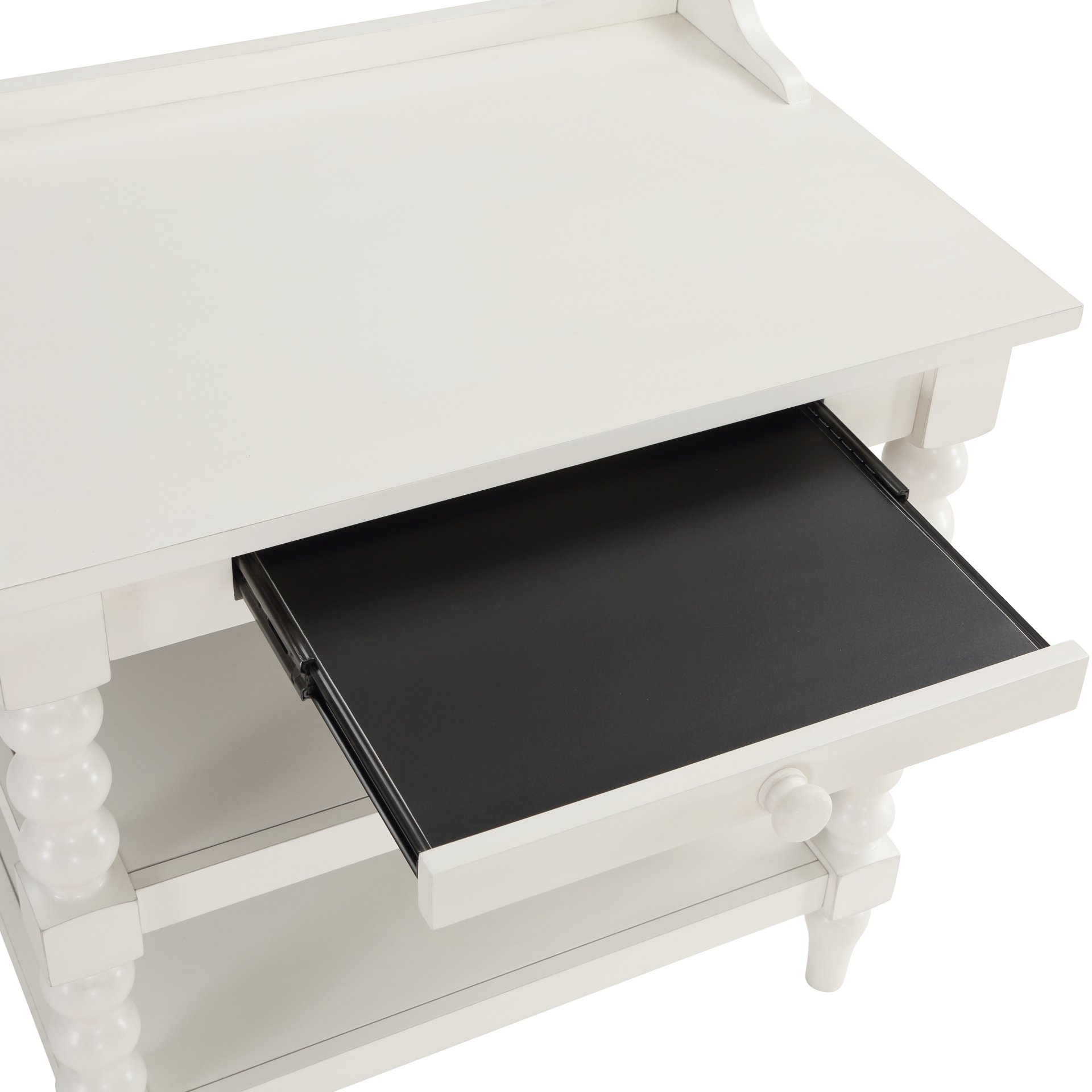 Aria - Nightstand With Styling, 2 Shelves, Pull Out Tray, Spool Turned Legs - Antique White - Image 8