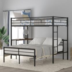 Twin Over Full Metal Bunk Bed With Desk, Ladder And Quality Slats For Bedroom - Metallic Black