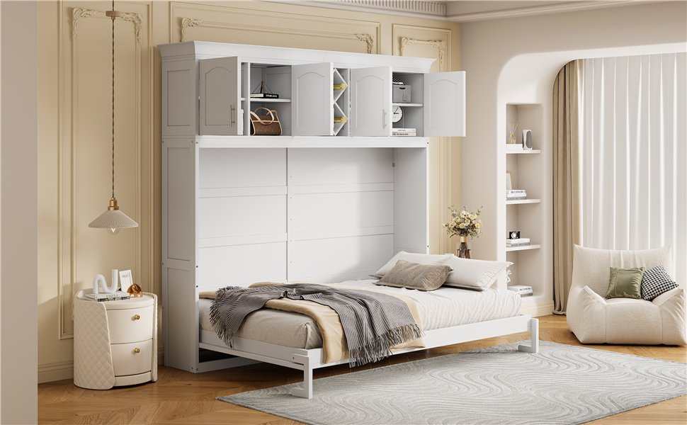 Queen Size Murphy Wall Bed With Top Cabinets & Wine Rack - White - Image 22