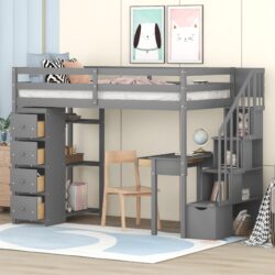 Twin Size Loft Bed With Storage Drawers, Desk And Stairs With Shelves - Gray