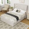 King Size Luxurious Corduroy Upholstered Bed Frame With Vertical Stripe Wingback Headboard And High Footboard - Light Gray - Image 7