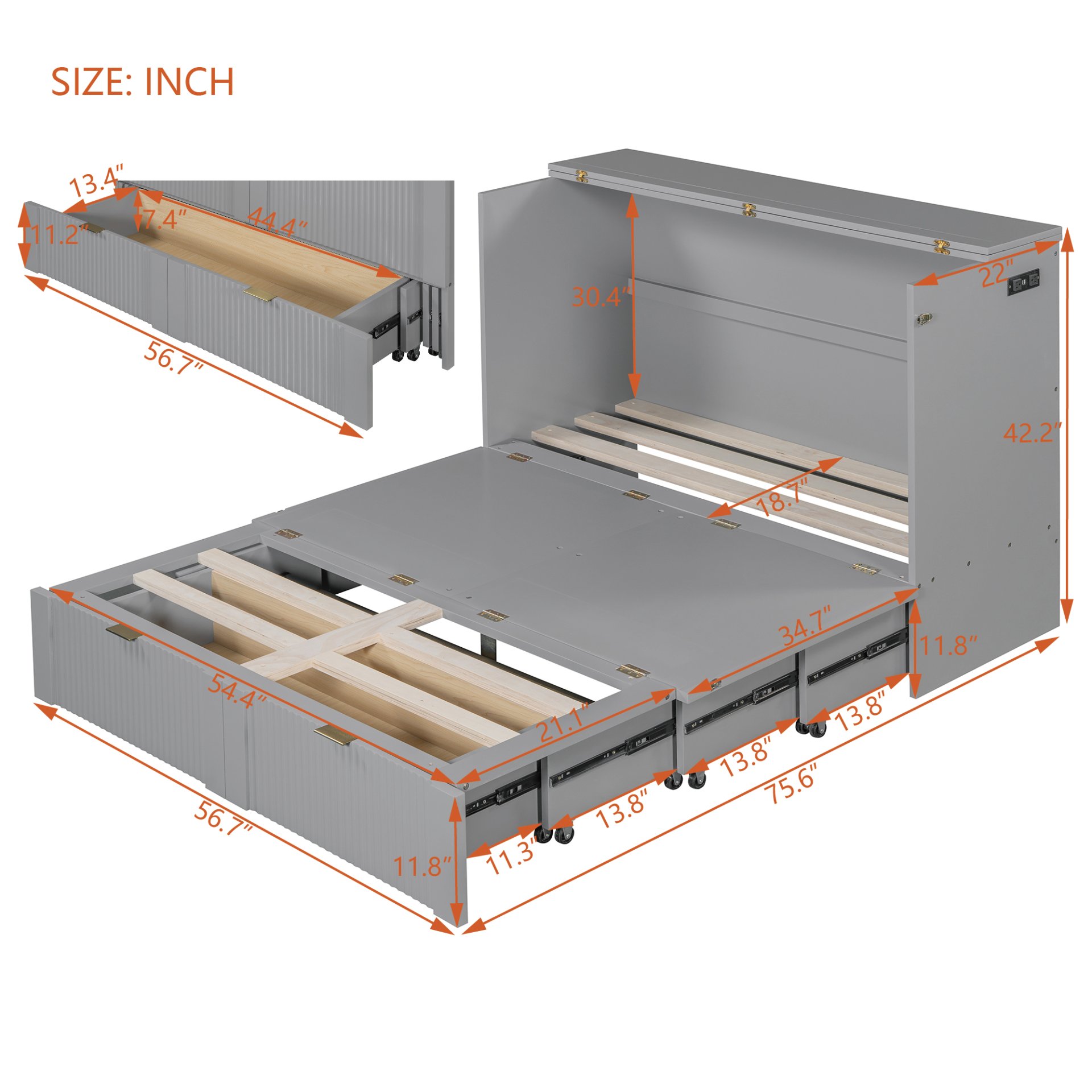 Full Size Murphy Bed With Drawer And A Set Of Sockets & USB Ports, Pulley Structure Design - Gray - Image 10
