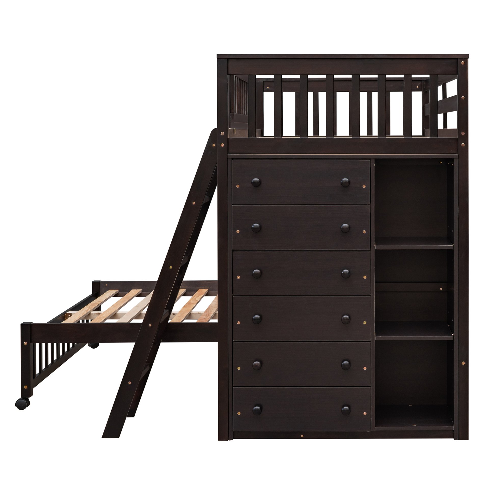 Twin Over Full Bunk Bed With 6 Drawers And Flexible Shelves, Bottom Bed With Wheels - Espresso - Image 9