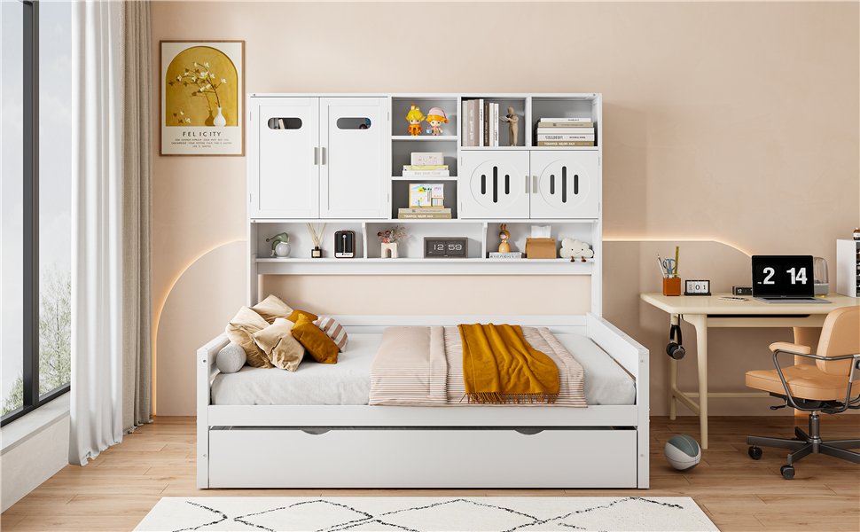 Full Size Wooden Daybed With Twin Size Trundle, And All In One Cabinet And Shelf - White - Image 17