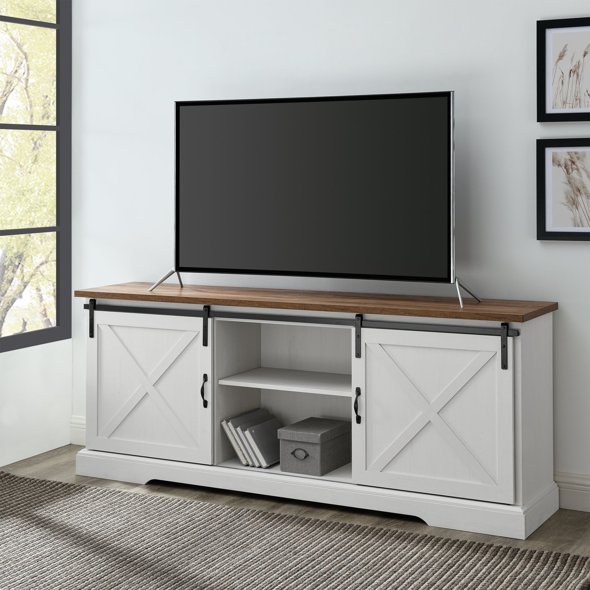 Farmhouse Sliding X Barn Door 70" TV Stand For 80" TVs - Rustic Oak / Brushed White - Image 5