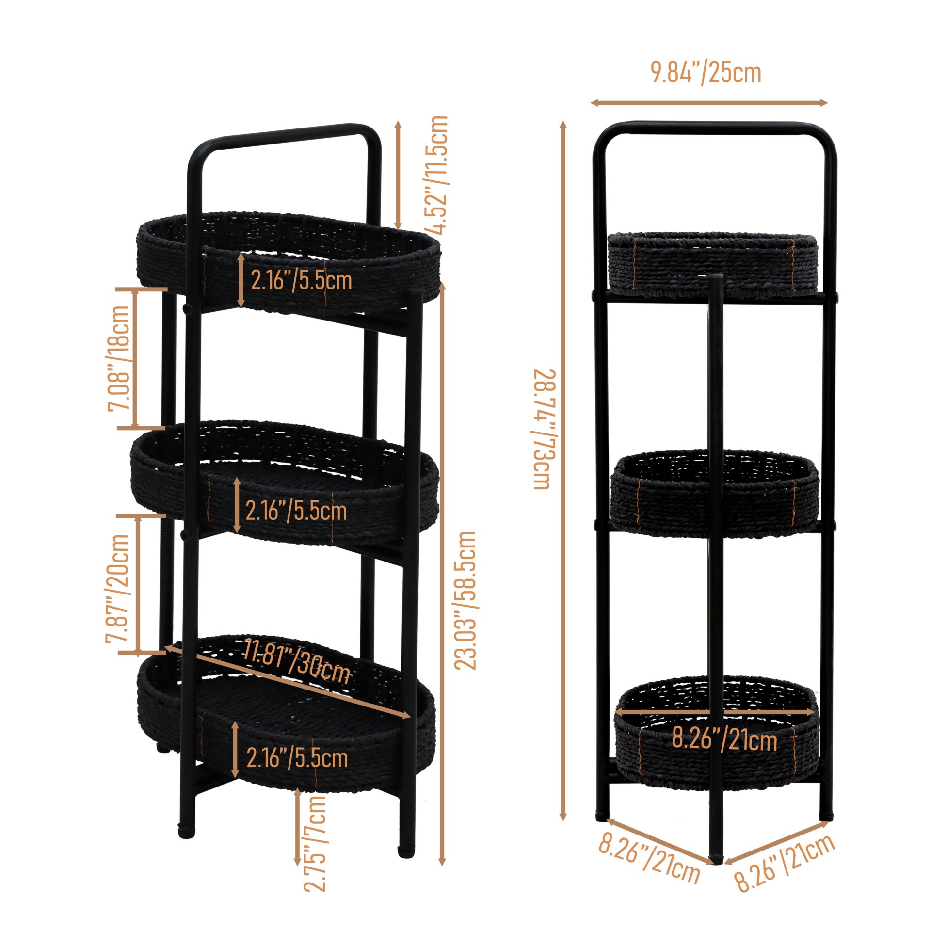 Modern 3 Tier Handwoven Side Table With Oval Organizer In Metal And Paper Rope - Black - Image 4