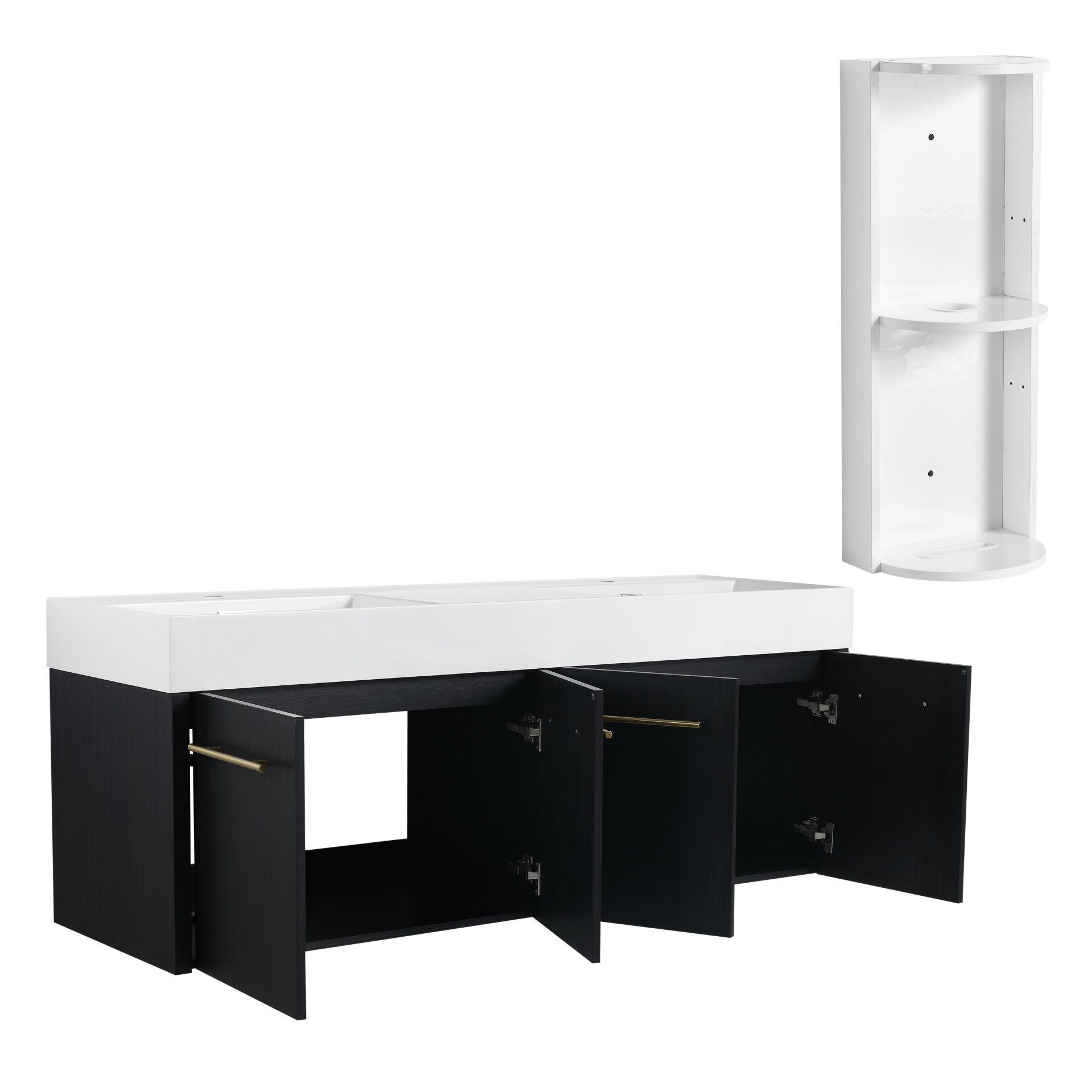 Modern Wall Mounted Bathroom Vanity With Double Resin Sink And Storage Rack - Black Chestnut - Image 13
