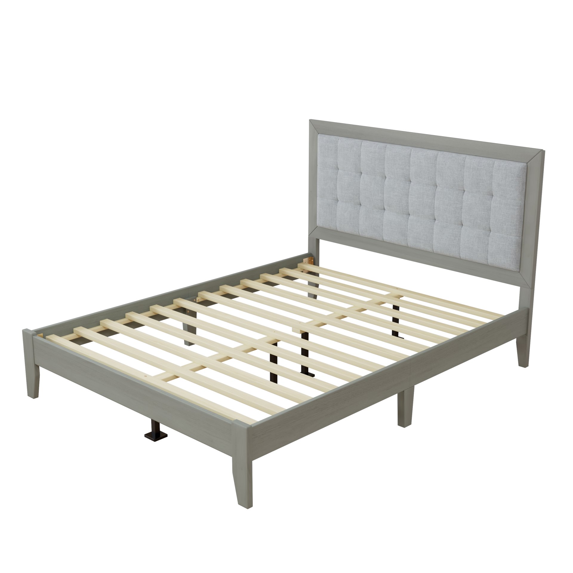 Queen Size Mid Century Modern Solid Wood Platform Bed With Upholstered Headboard - Gray - Image 10