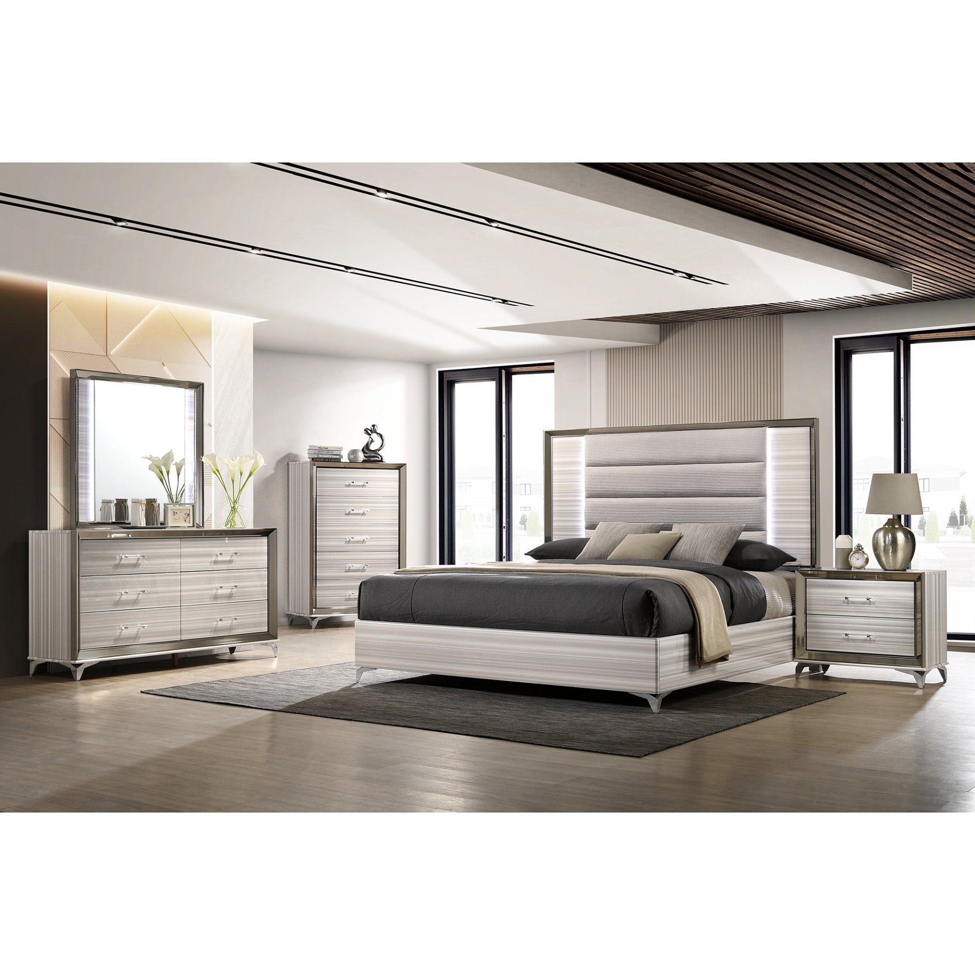 Star - Queen 5 Pieces Bedroom Set With LED And Storage - White - Image 2