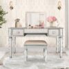 Mirrored Vanity Desk With Drawers And Stool, Flip Up Dressing Table Set For Makeup Room, And Glass Construction - Silver - Image 2