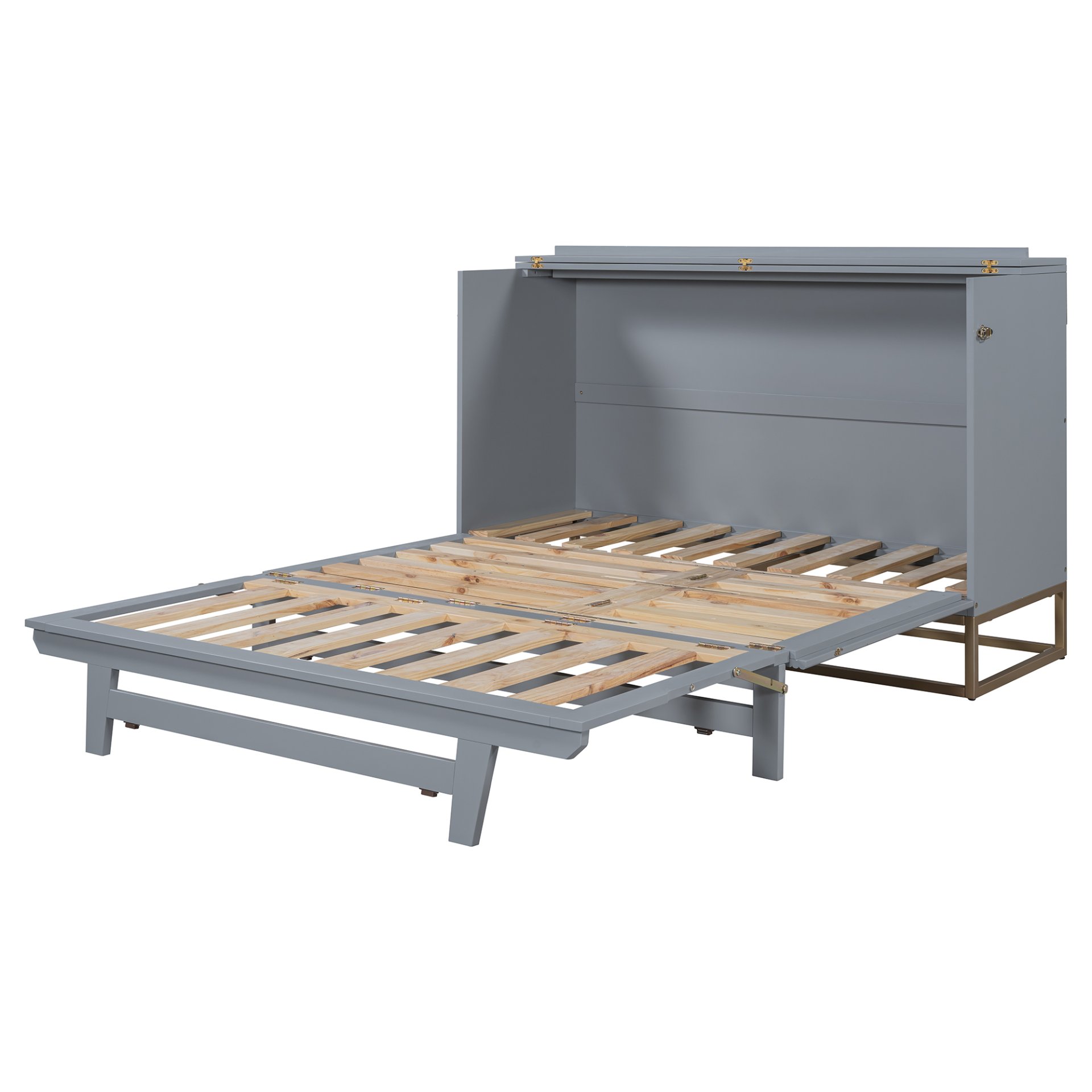 Queen Murphy Bed With Frosted Glass Doors Design, Fake Drawers, Metal Legs - Gray - Image 7