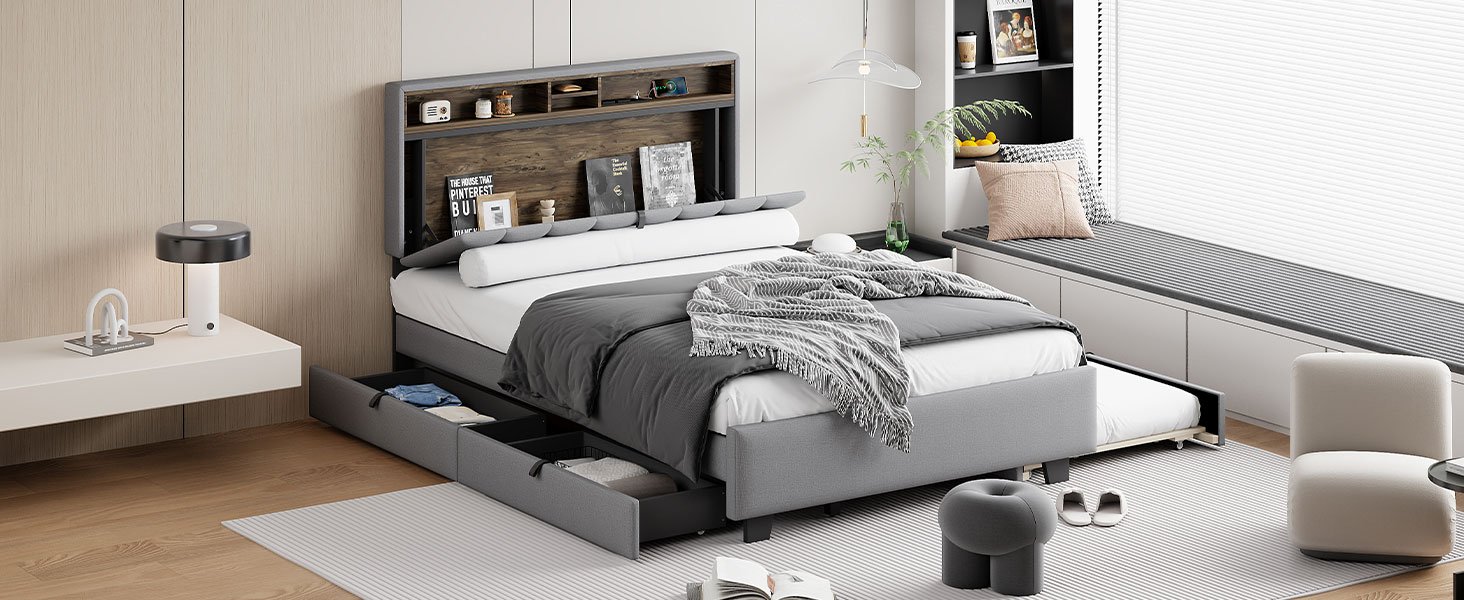 Full Size Upholstered Platform Bed With Storage Headboard, Twin Size Trundle & 2 Drawers And A Set Of Sockets & USB Ports - Gray - Image 15