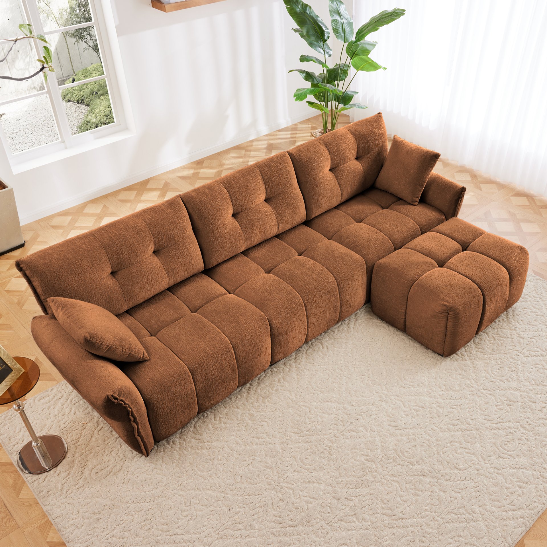 3 Seater Sofa Set With Ottoman And Pillows, Textured, High Resilience Cushions - Burnt Orange - Image 12
