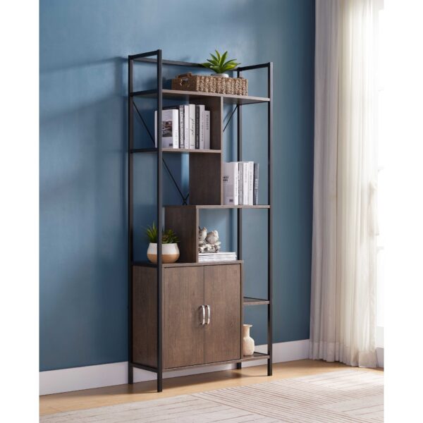 Six Shelf Modern Bookcase With Two Door Storage Cabinet With Two Shelves - Dark Brown / Black