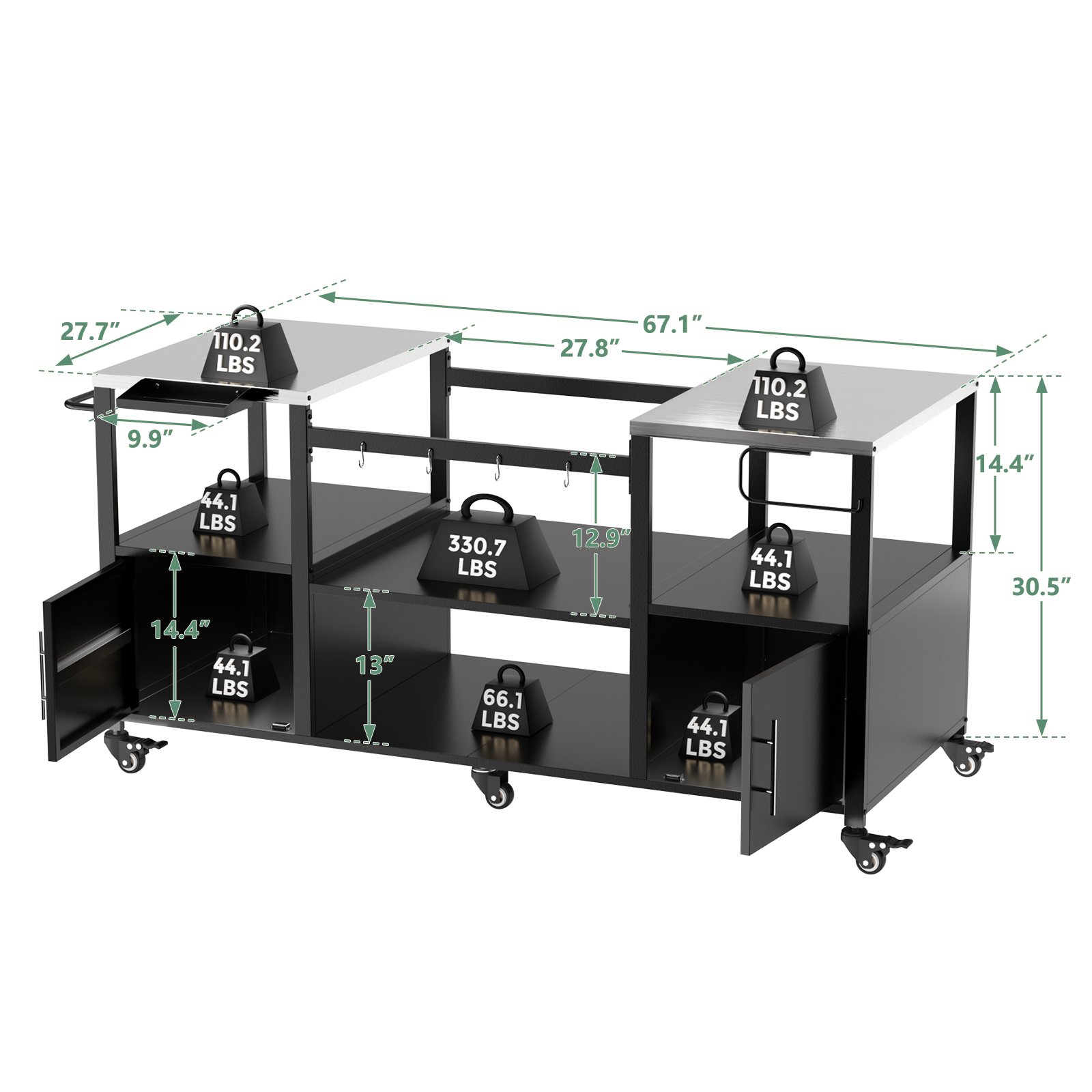 Outdoor Grill Table For Big Egg Style Bbq With Metal Grill Cart And Storage Box And Metal And Stainless Steel - Black / Silver - Image 3