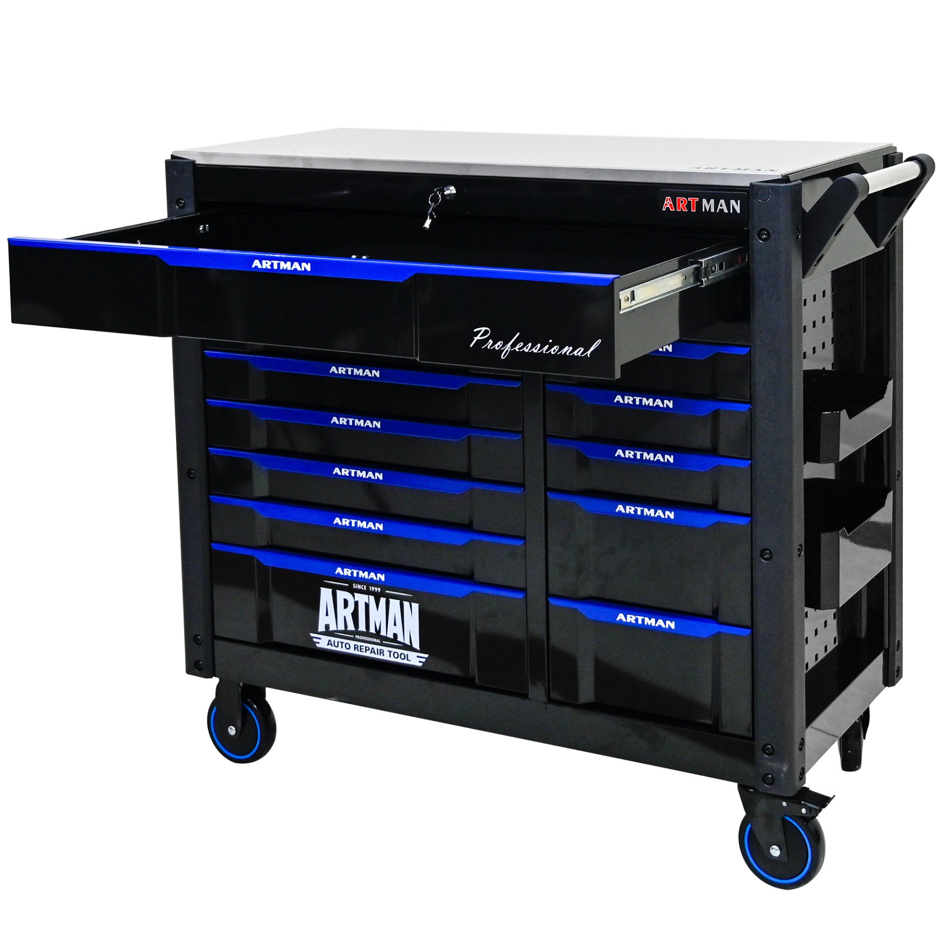 12 Layer Drawer Multi Purpose Tool Cart With Wheels And Iron Top - Black / Blue - Image 4