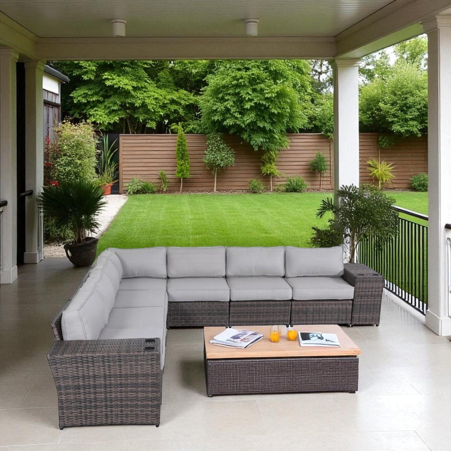 Rattan Sectional Sofa Set With 15 Cushions, 9 Piece Modular Outdoor Seating For Patio Or Garden - Espresso - Image 2