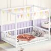 Full Size Canopy Frame Floor Bed With Fence, Guardrails - White - Image 7