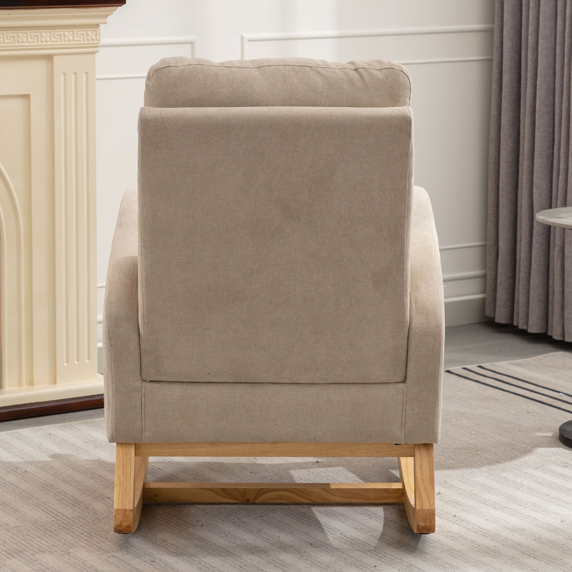 Accent Rocking Chair With Footrest High Back Rubber Wood Rocking Legs Bedroom Living Space - Beige - Image 9