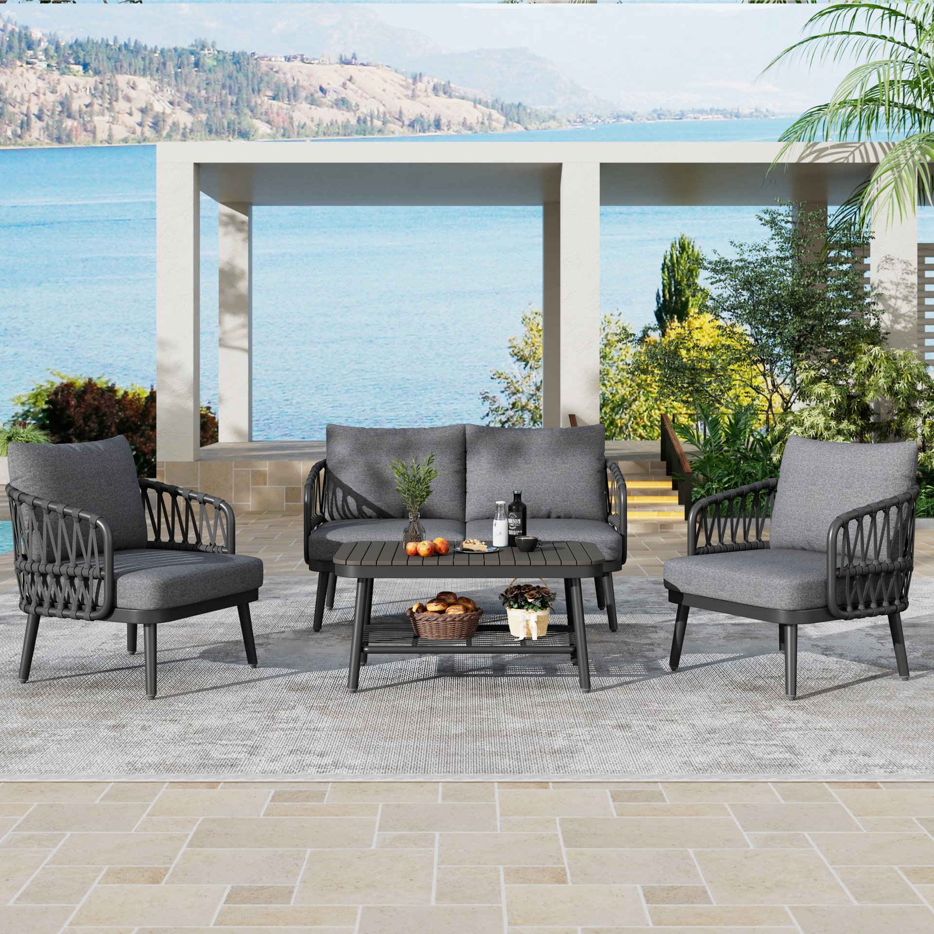 4 Piece Outdoor Patio Furniture Set, Metal Chairs With Woven Rope U Shaped Backrest, Outdoor Conversation Set With Thick Cushions And Coffee Table For Garden, Poolside, Balcony - Black / Gray - Image 2