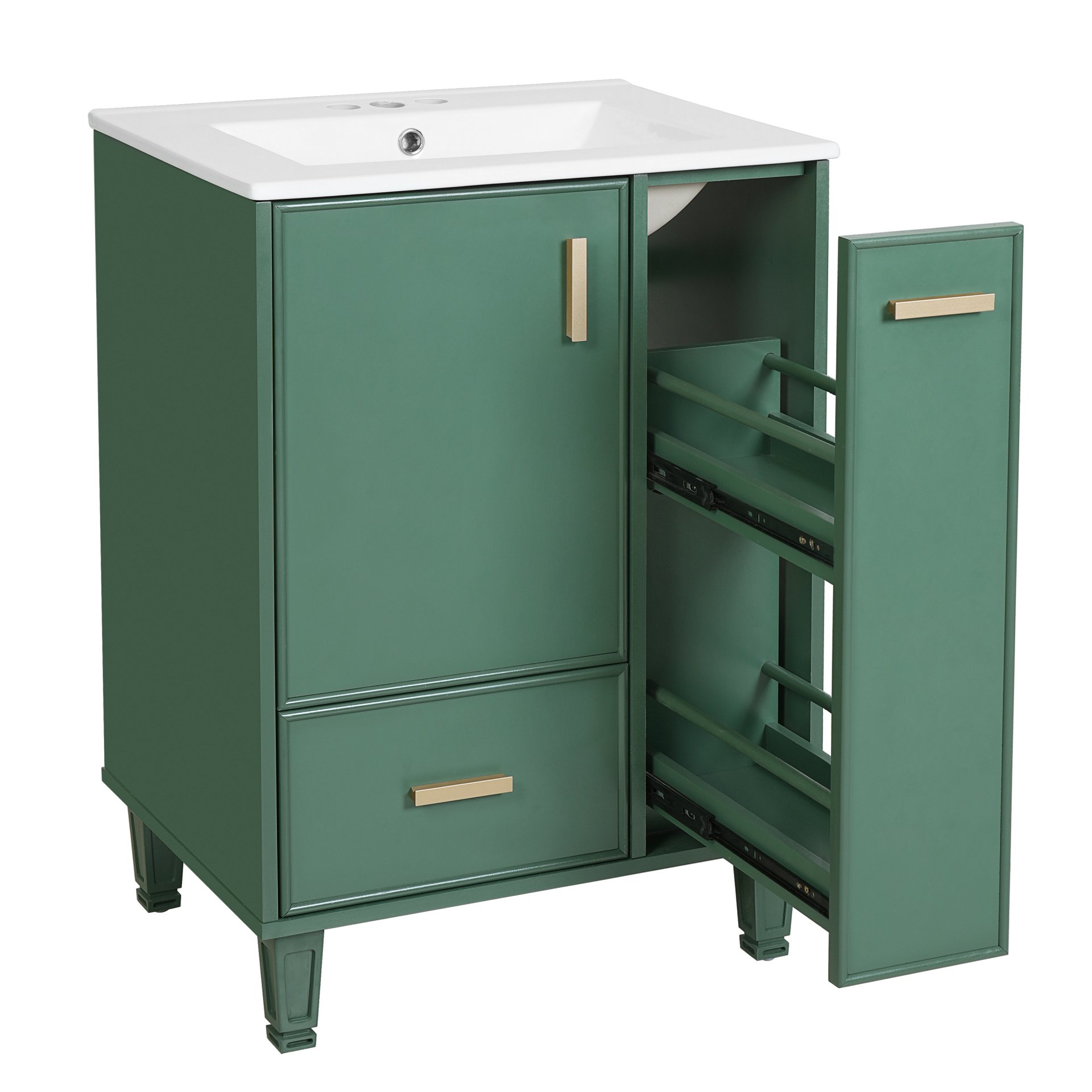 Solid Wood And 24" Bathroom Vanity With Sink, Deep Drawer, Door Shelf, 2 Tier Basket - Green - Image 14