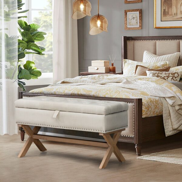 Storage Ottoman, Button-Tufted Ottoman Linen Storage Bench, Ottoman With Storage - Light Beige