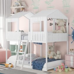 Full Over Full Bunk Bed With Roof, Window, Guardrail, Ladder - White