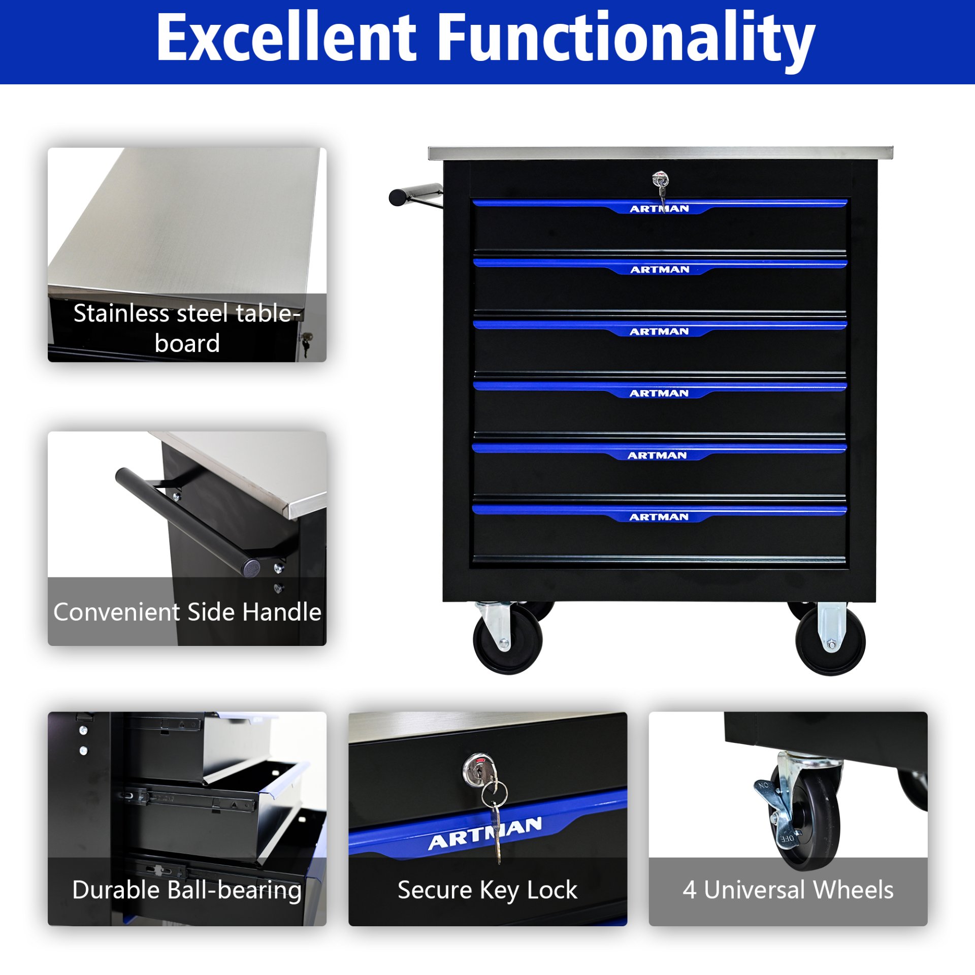 6 Drawer Multifunctional Tool Cart With Wheels - Black / Blue - Image 8
