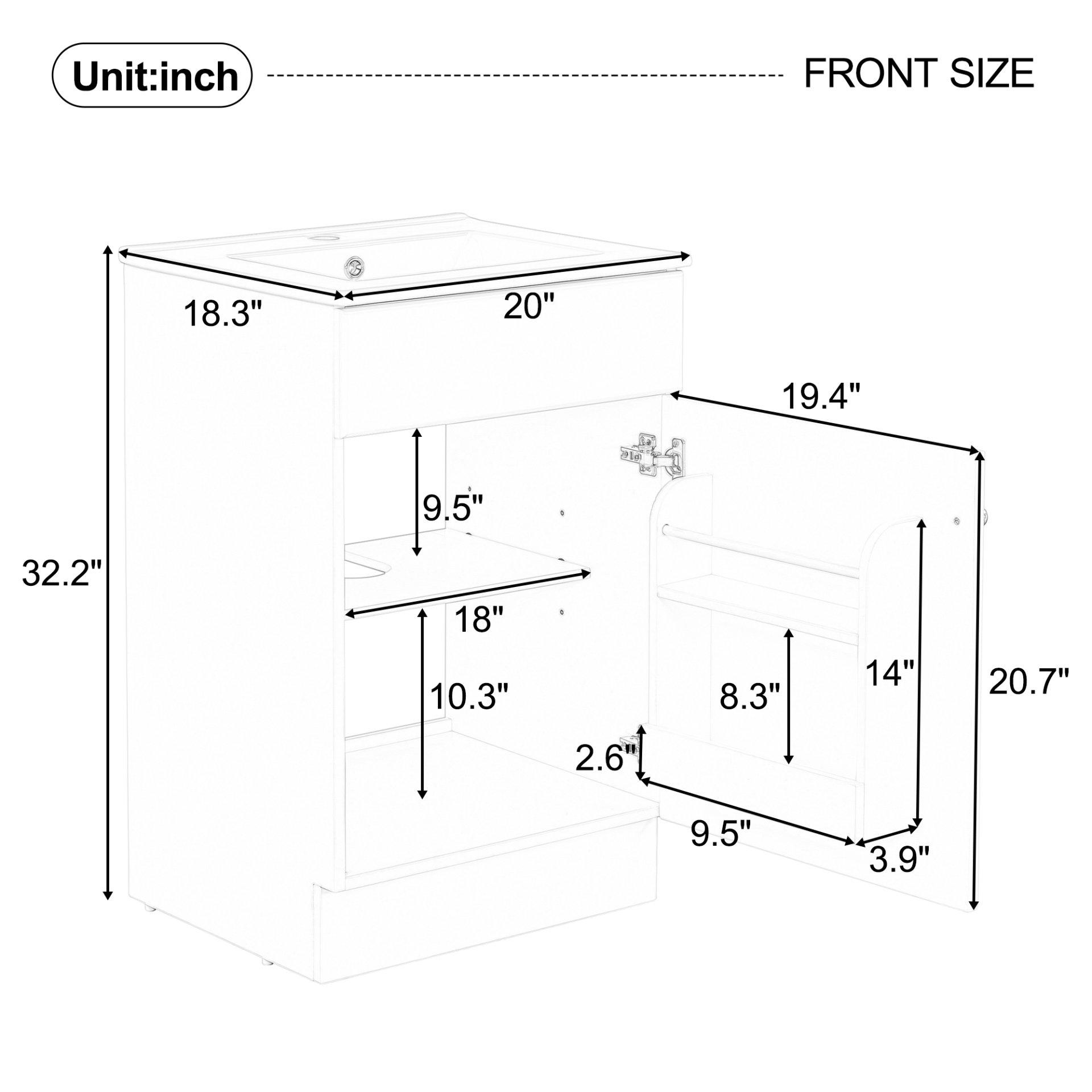 20" Bathroom Vanity With Sink, Freestanding Cabinet With Door Shelf And Adjustable Shelf, And Ceramic Construction - Black - Image 3