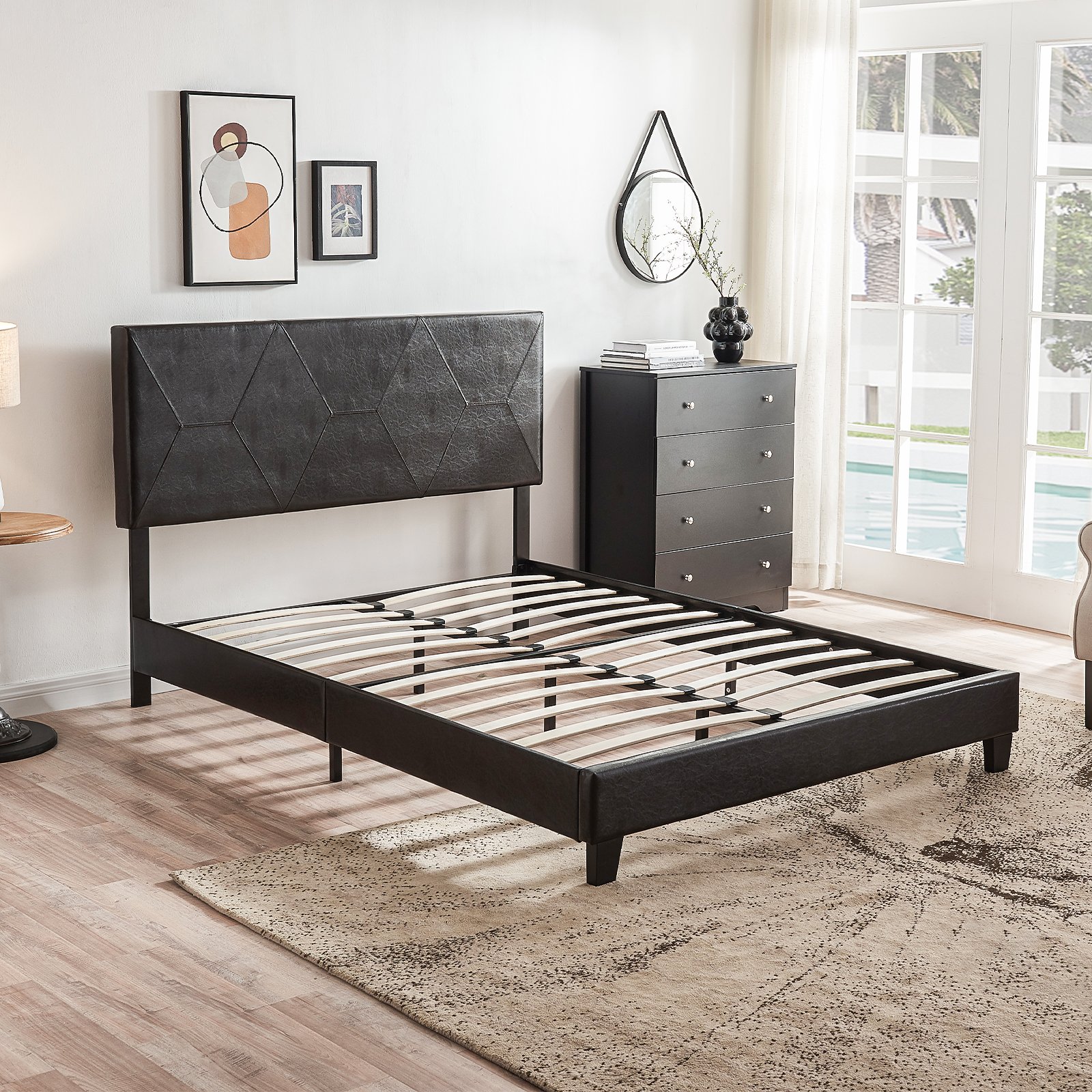 Queen Size Upholstered Platform Bed Frame, Wood Slat Support - Black - Image 2