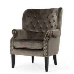 Elegant Velvet Club Chair With Handcrafted Details - Gray