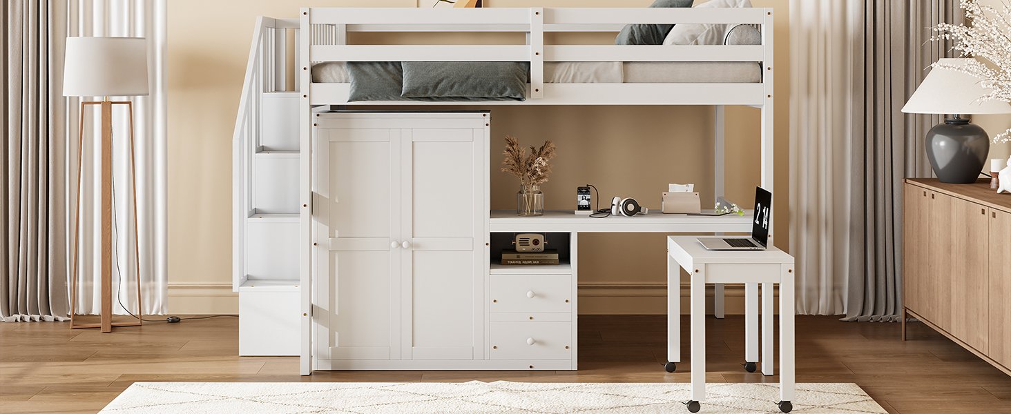 Full Size Loft Bed With Stairs, Bookshelf, Drawers, Desk & Wardrobe, Space Saving Multifunctional Furniture - White - Image 22