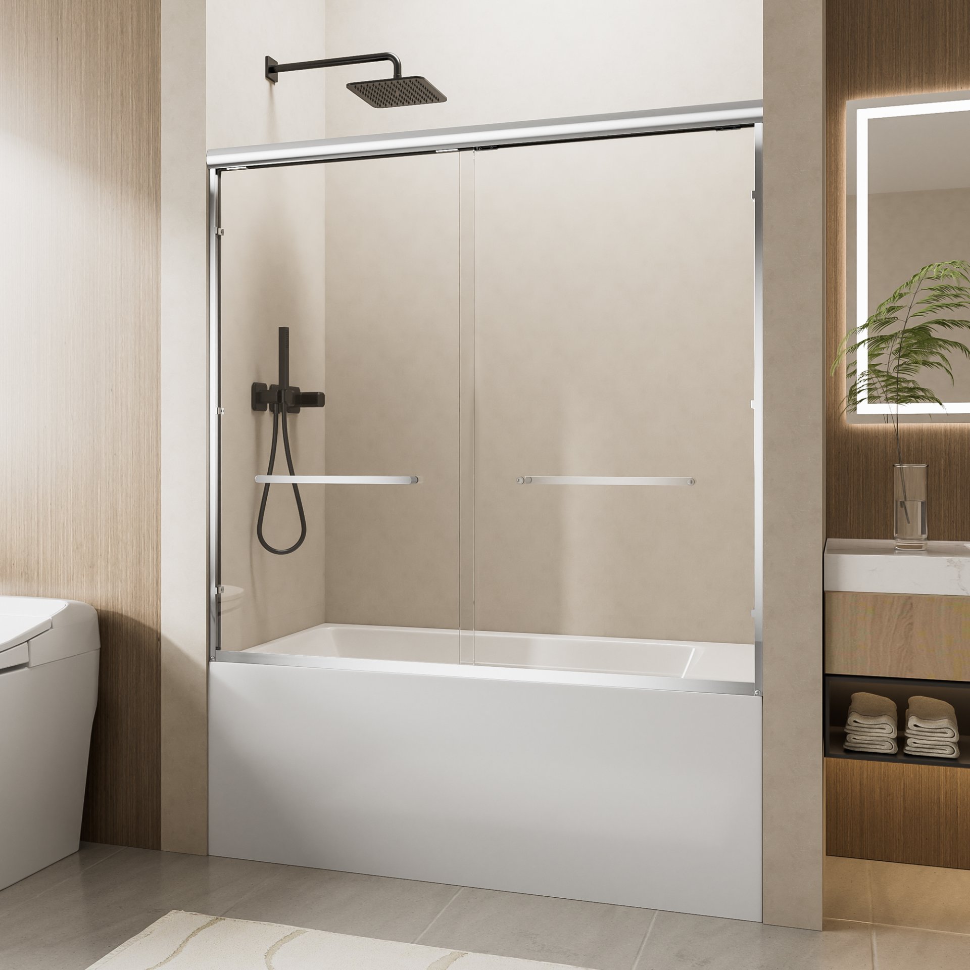 Aluminum Frame Double Sliding Soft Close Bathtub Shower Door, 1 / 4" Tempered Glass And Dual 304 Stainless Steel Handles - Chrome - Image 4