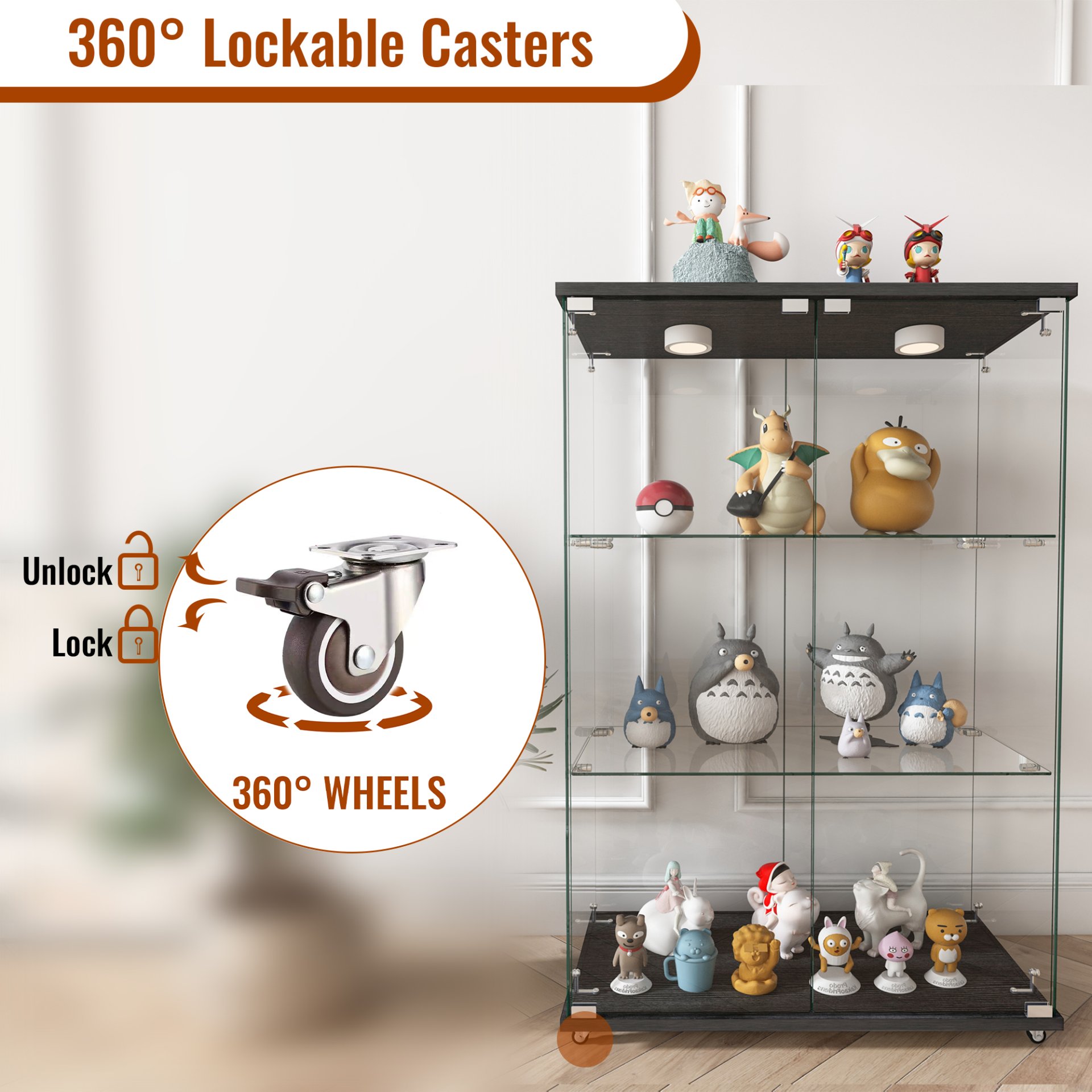 Modern Display Cabinet With LED Lights, Tempered Glass 2 Door Storage Case With 3 Shelves For Living Room Or Bedroom - Transparent - Image 12