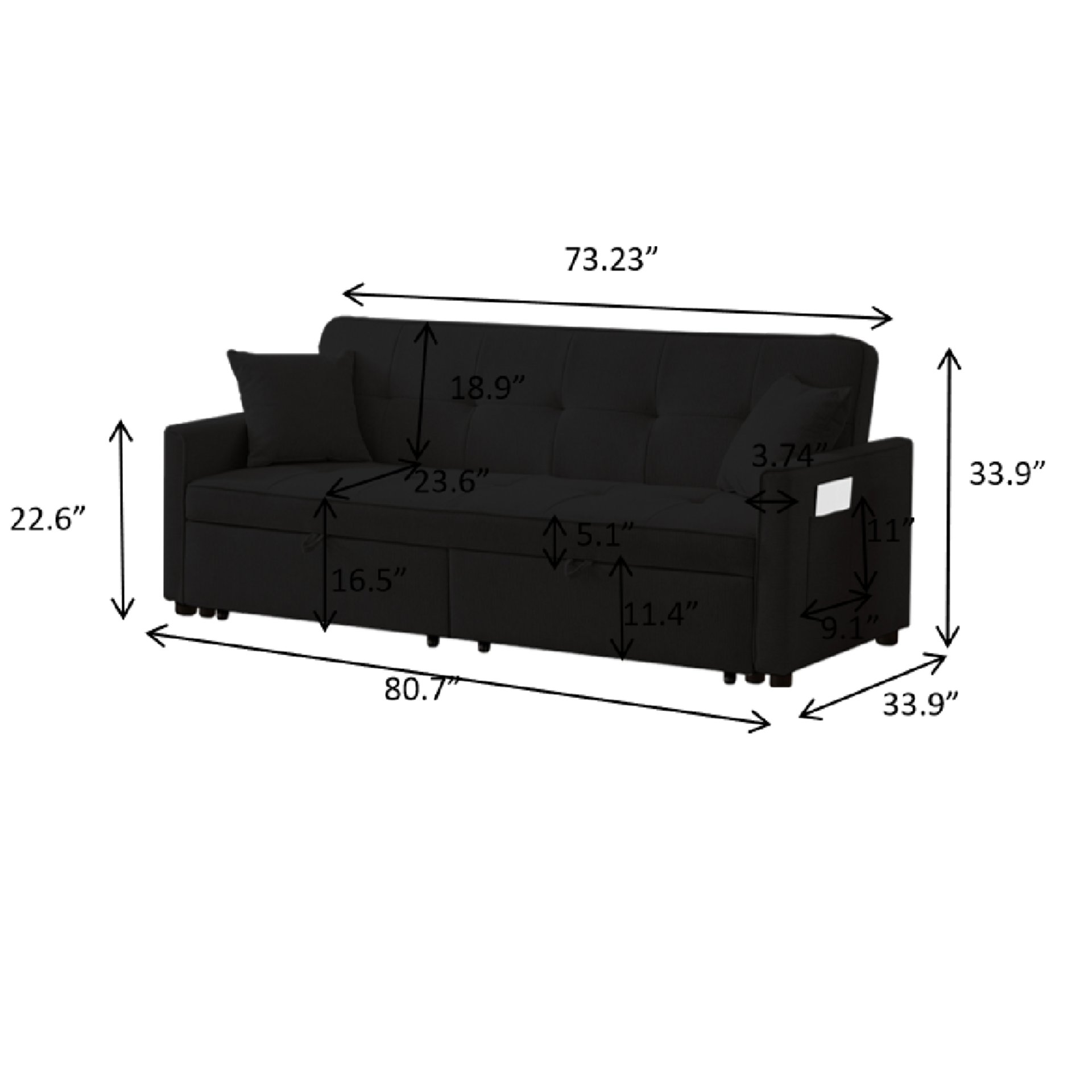 3 In 1 Convertible Sleeper Sofa Bed, Modern Fabric Loveseat Futon Sofa Couch Pullout Bed, Small Love Seat Lounge Sofa Reclining Backrest, Pillows, Pockets, Home Furniture For Living Room - Black - Image 3